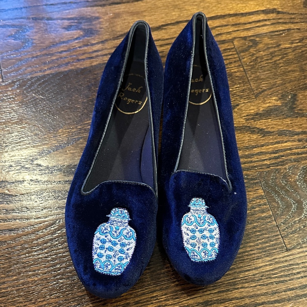 Jack Rogers Dark Blue Velvet Flats with Embroidery